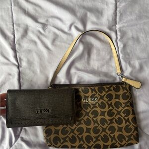 Guess Brown Logo Wristlet and Dark Brown Wallet with Cream Strap